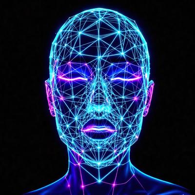 The primary subject of the image is a close-up of a person's face, with a blue and purple color scheme. The face is depicted in a digital art style, giving it a futuristic and unique appearance. The setting is a dark background, which contrasts with the vibrant colors of the face. The overall atmosphere of the image is mysterious and intriguing.
